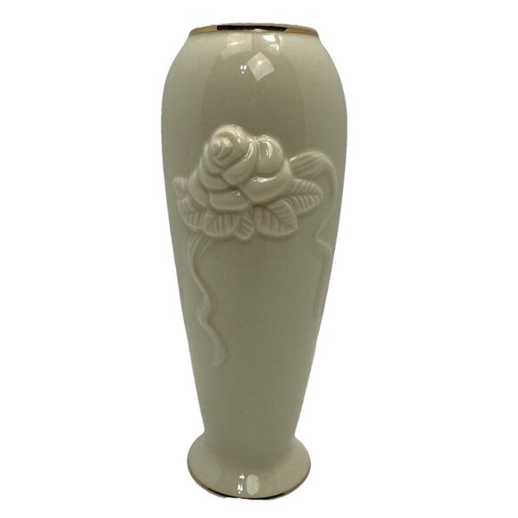 Lenox Rose Vase – Embossed Flowers Front/Back, Gold Trim, 7.25" Tall - Picture 1 of 7